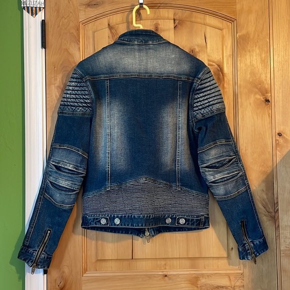 ANGEL COLA Men’s Biker Slim Fit Distressed Washed Blue Denim Jacket $234 EUC M - Picture 2 of 16